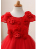 Cap Sleeves Red Lace Tulle 3D Flowers Flower Girl Dress